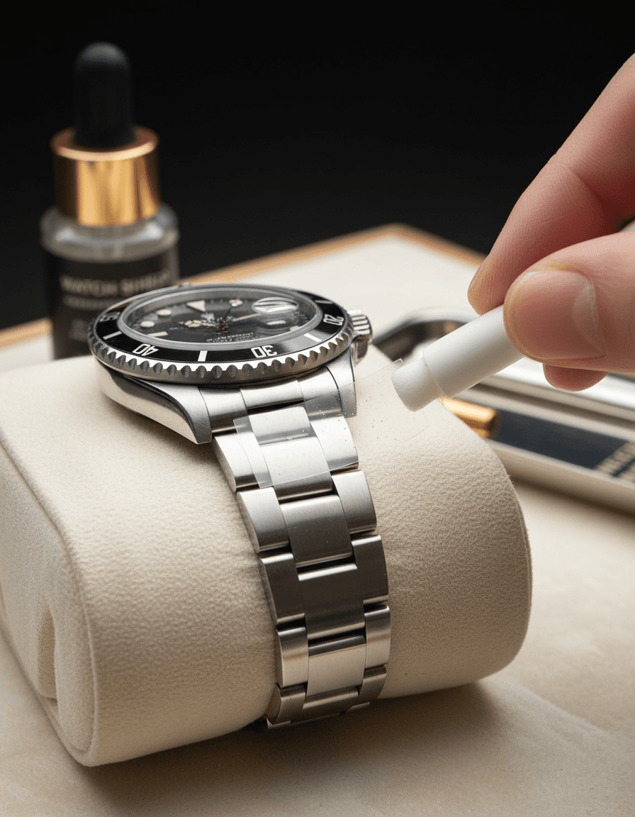 Close detail of SASO Shield protection film on a bracelet link