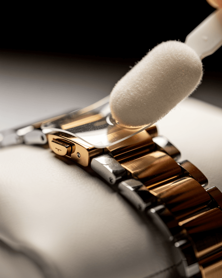 Close detail of SASO Shield protection film on a bracelet link
