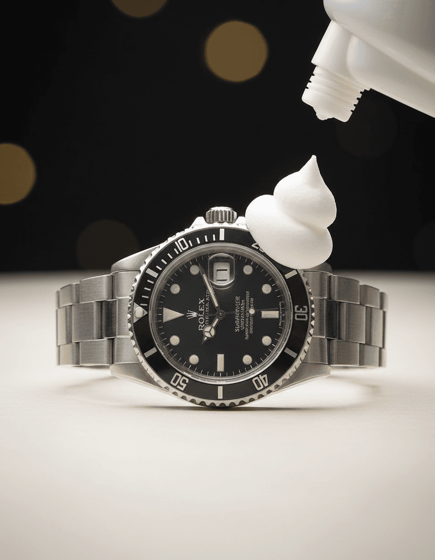 Applying SASO Watch Care foam to a watch case