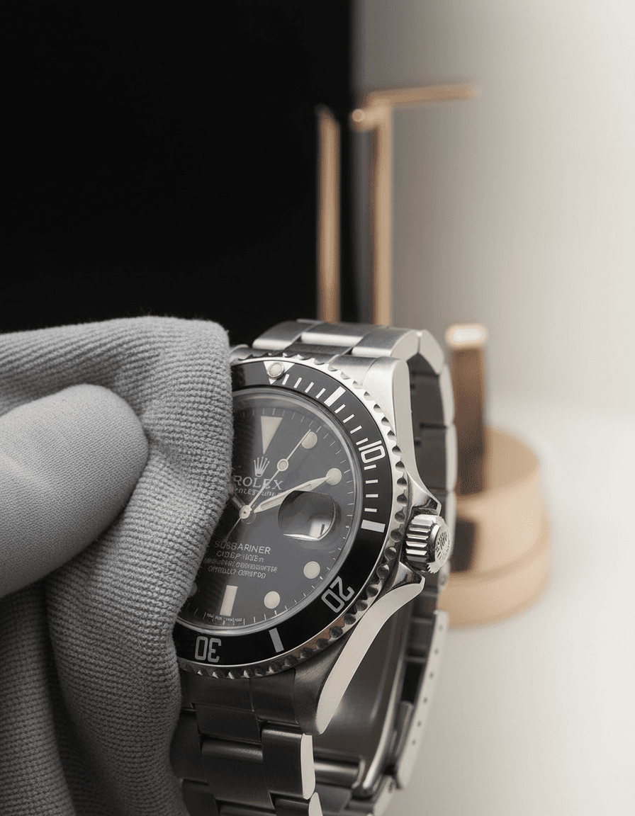 Buffing the watch to a shine with a SASO Watch Care microfibre cloth