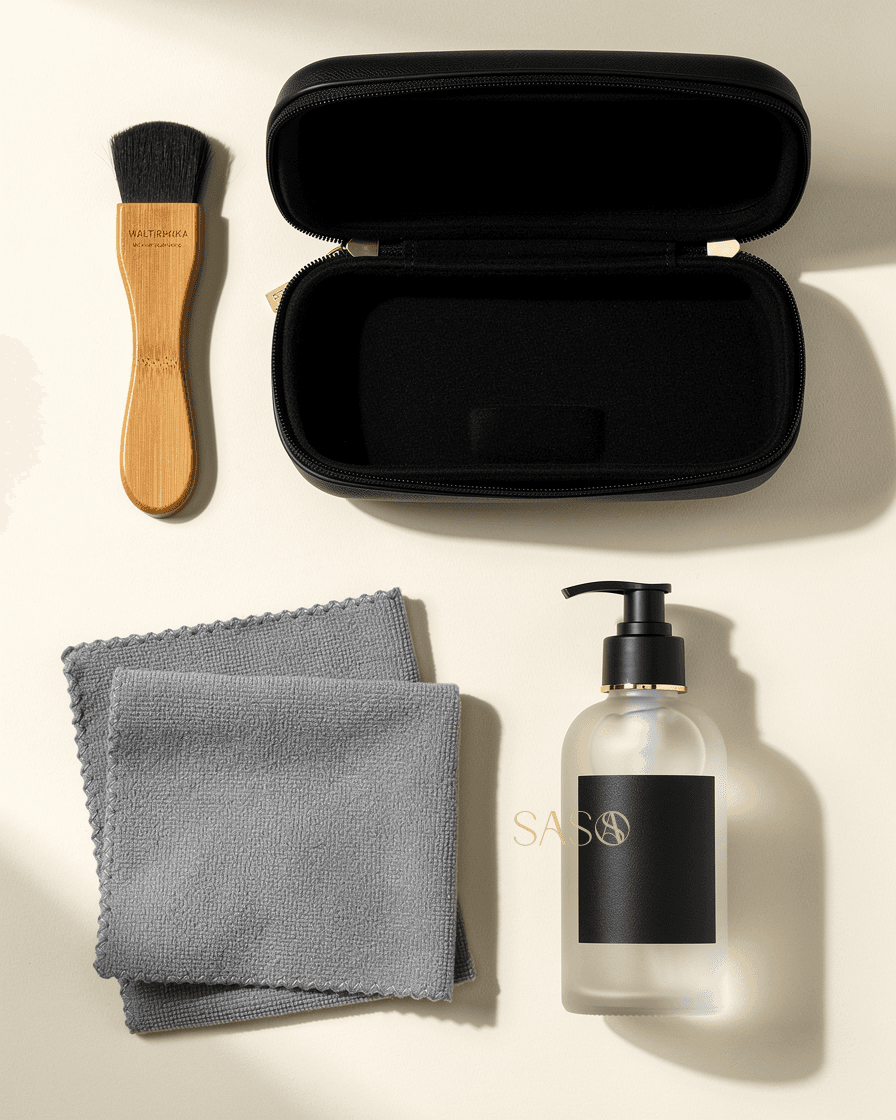 The SASO Watch Care Kit laid out: travel case, detailing brush, cleaning foam and microfibre cloths