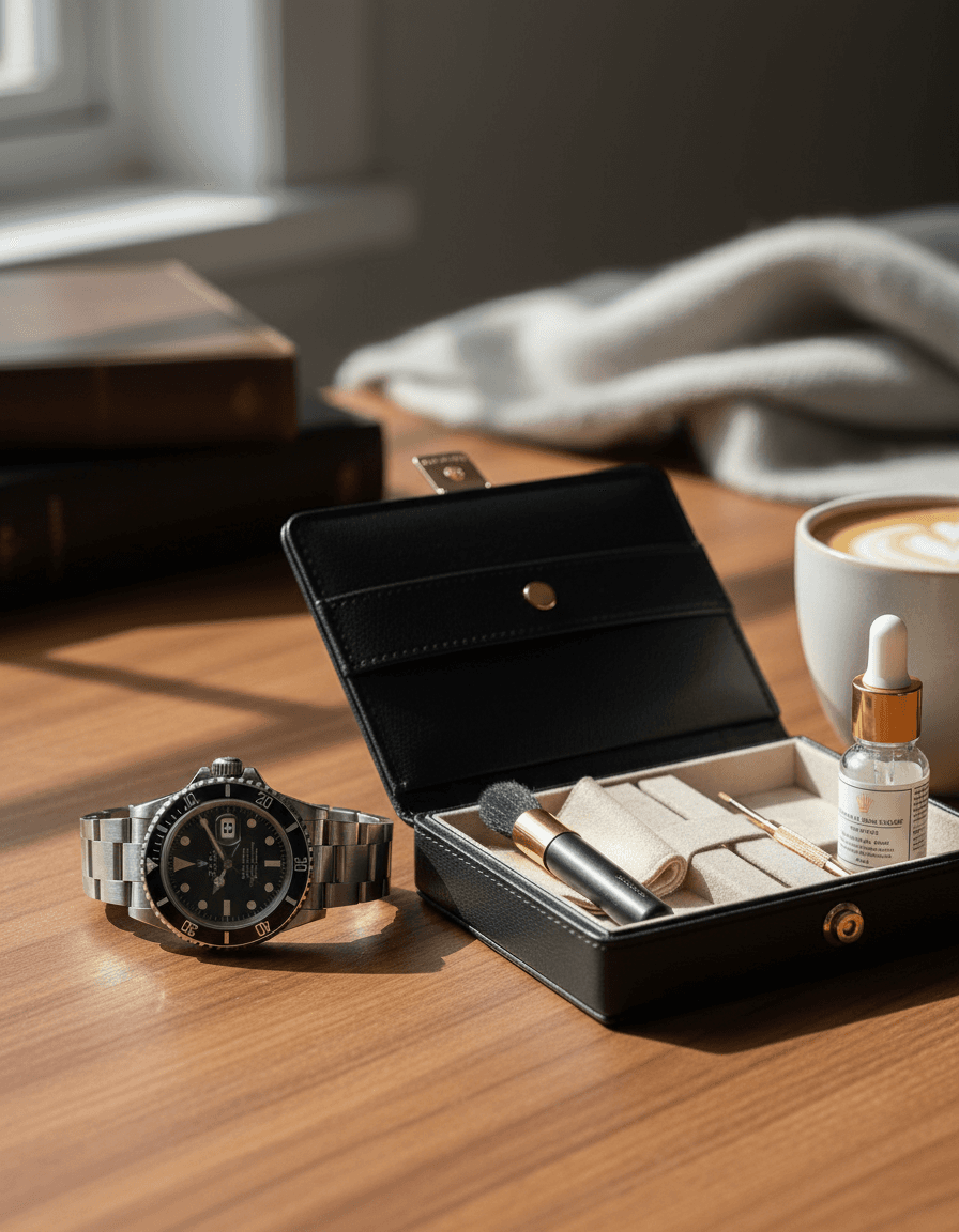 The SASO Watch Care Kit open on a desk beside a watch