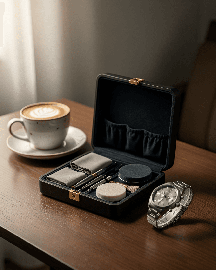 The SASO Care Kit open on a desk beside a watch