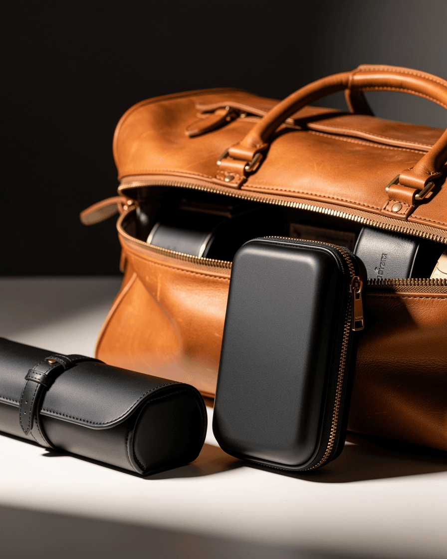 The SASO Watch Care travel case in a weekend bag